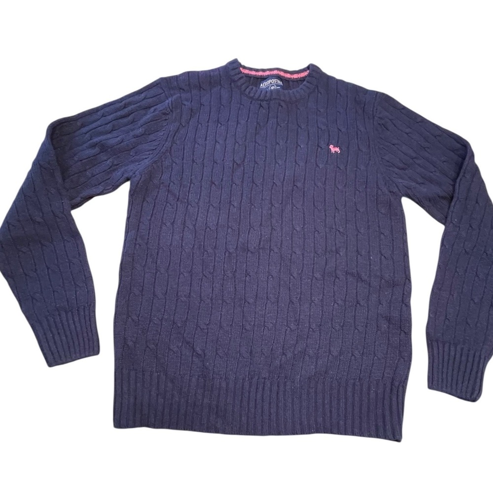 NEW Aeropostale Blue Cable Knit Crewneck Sweater Pink Logo‎ Wool Blend Medium